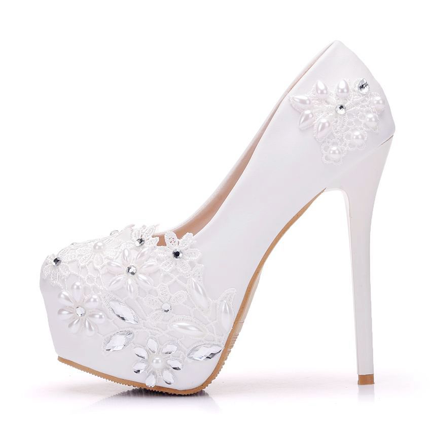 Rhinestone Pearl Lace Decor Bridal Platform Slip On Ultra High Heels