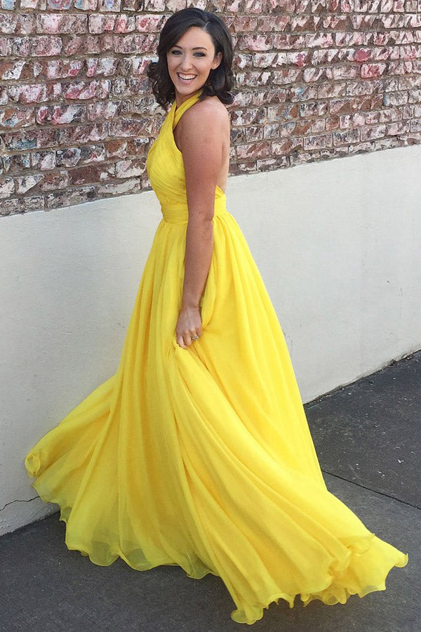 Yellow A Line Floor Length Halter Sleeveless Backless Bridesmaid Dress, Wedding Party Dress B330 - Simibridaldresses