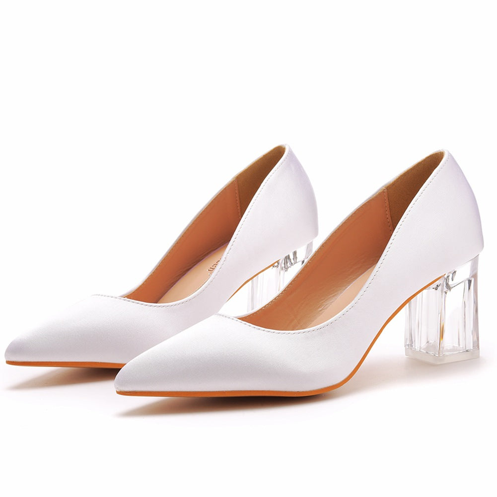 Pointed Toe White Block Heels Crystal Transparent Square Heels