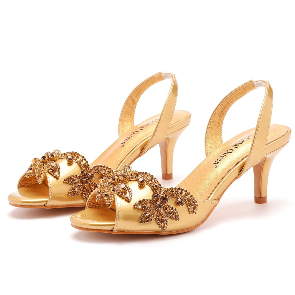 Peep Toe Gold Rhinestone Slingback Pumps