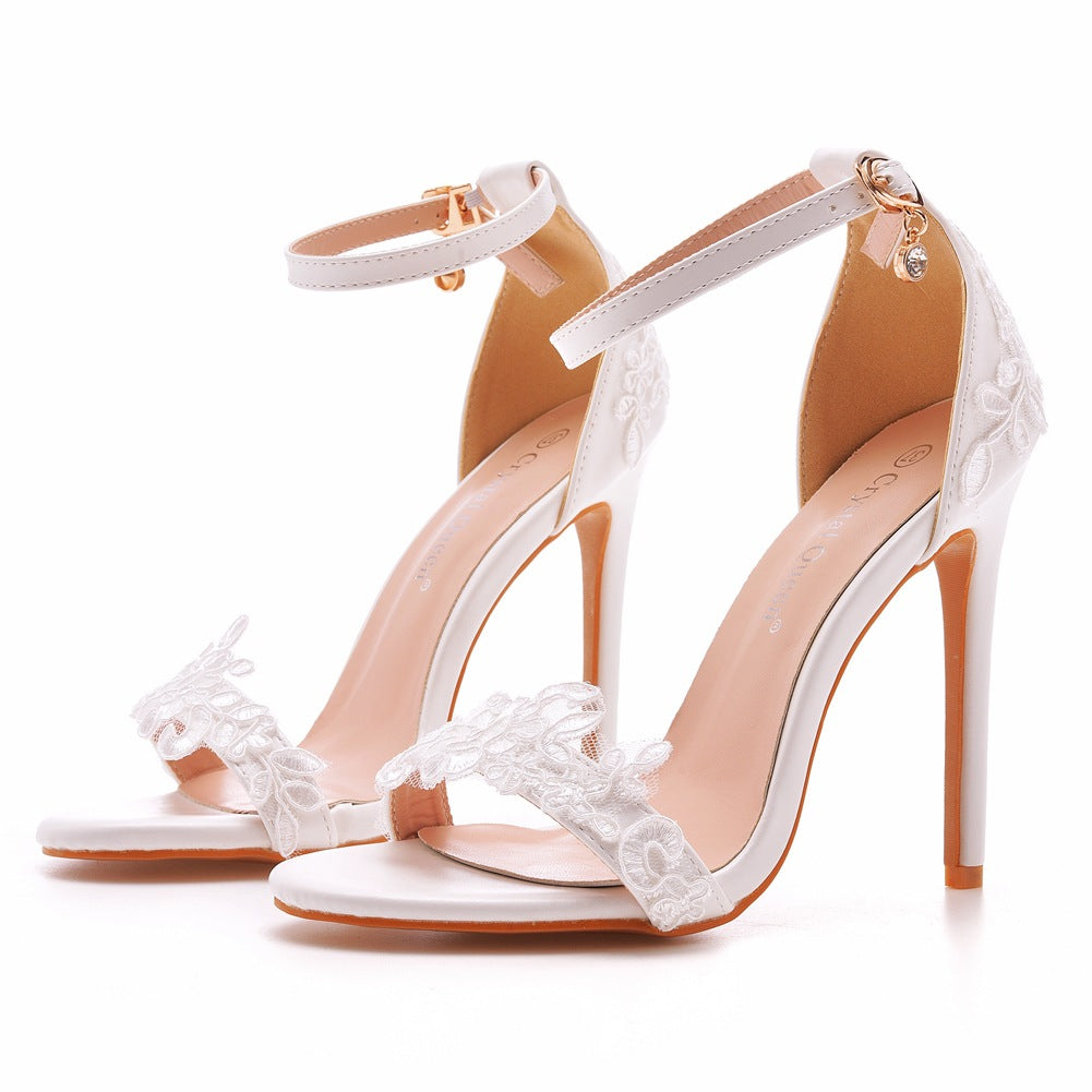 Open Toe Lace Ankle Strap Wedding High Heel