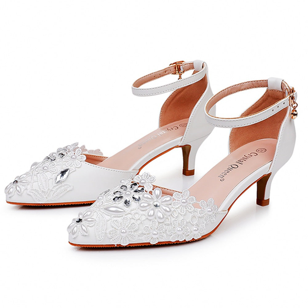 White Lace And Rhinestone Pointed Toe Wedding Shoes