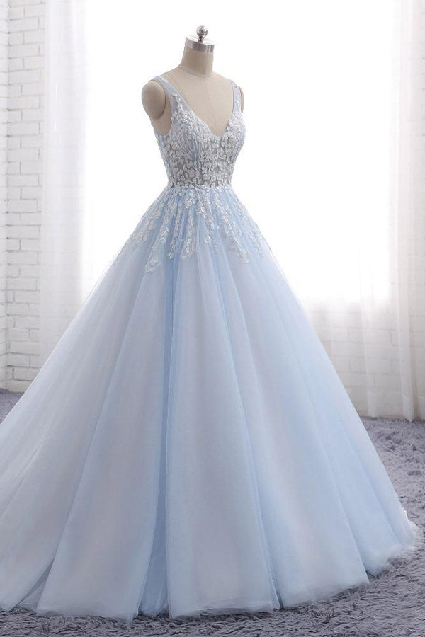 Ball Gown Chapel Train V Neck Sleeveless Backless Appliques Prom Dress,Party Dress P484 - Simibridaldresses