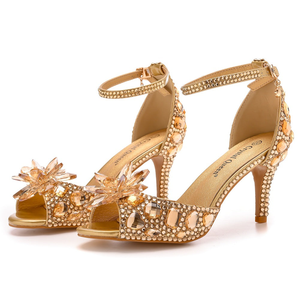 Peep Toe Crystal Rhinestone Ankle-Strap High Heels