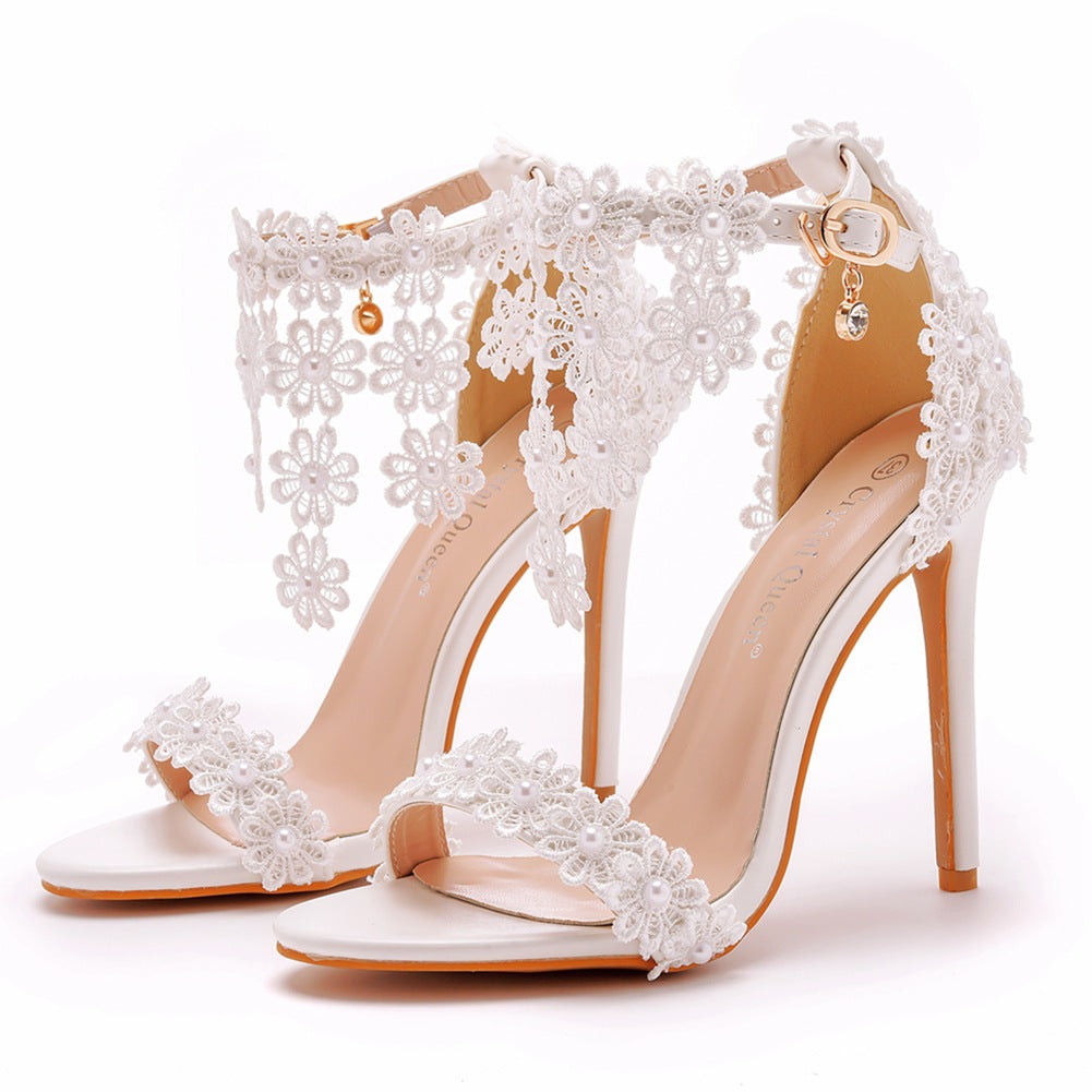 Open Toe White Lace Flowers Tassels Ankle-Strap Ultra High Heels