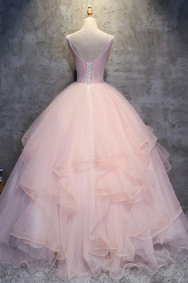 Pink Ball Gown Floor Length Sleeveless Layers Tulle Ruffles Floral Prom Dress,Party Dress P401 - Simibridaldresses