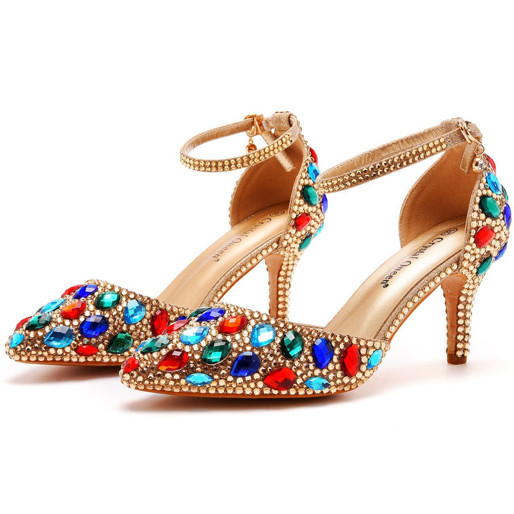 Pointed Toe Colorful Rhinestone Decor Ankle-Strap High Heels