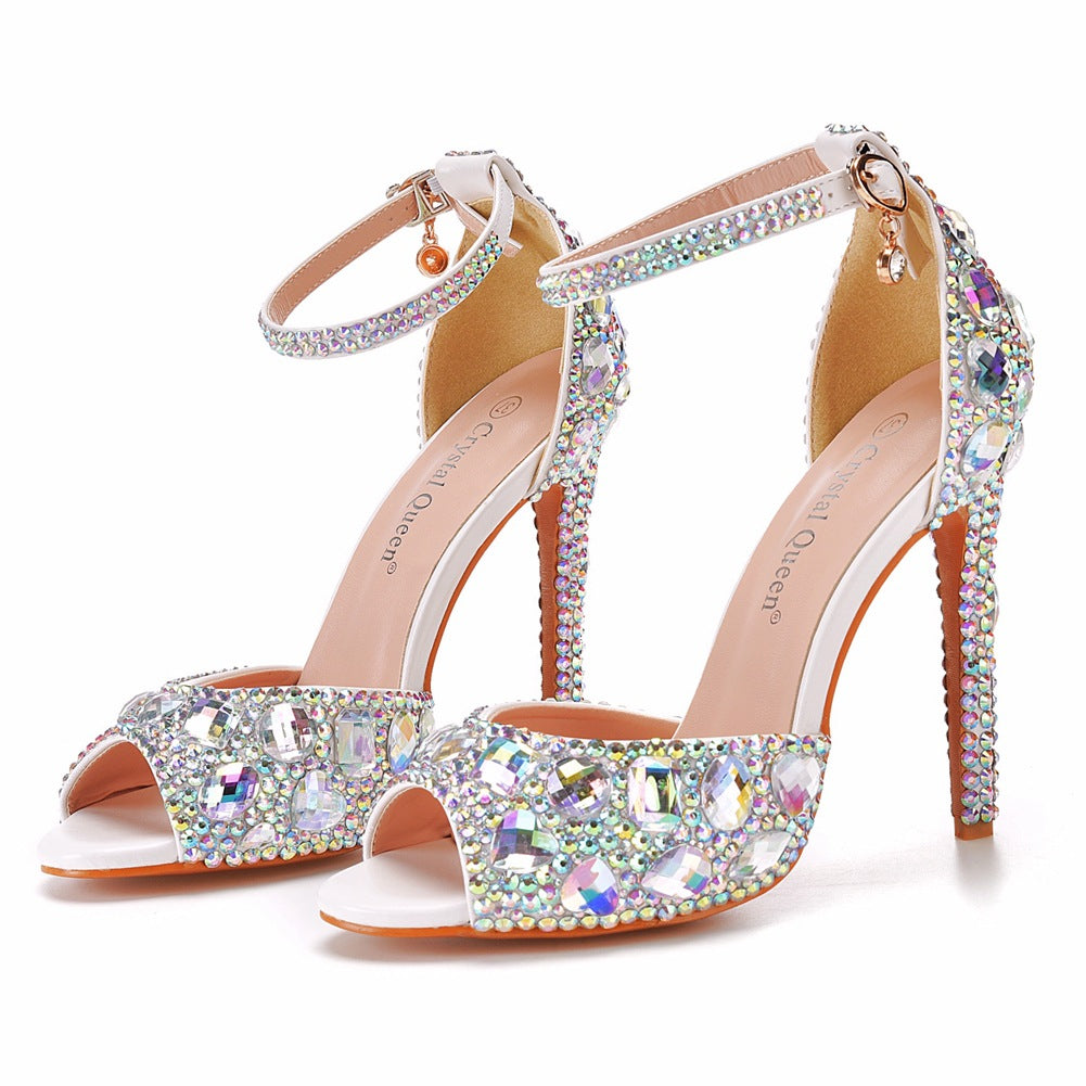 Peep Toe Big Colored Rhinestones Ankle Strap Stiletto Heels