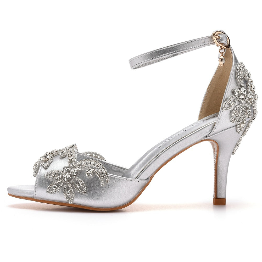 Peep Toe Rhinestone Ankle Strap High Heel