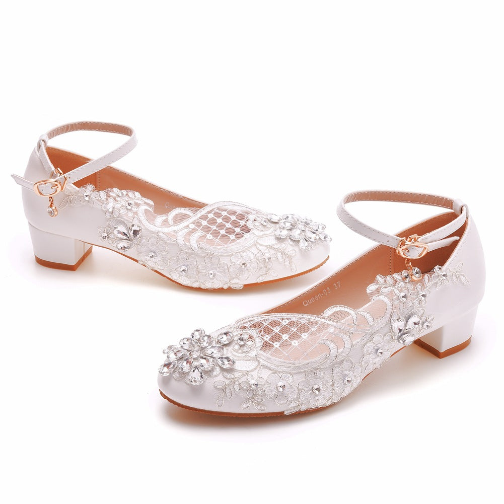 Round Toe Lace Rhinestones Ankle Strap Chunky Heel Wedding Shoes