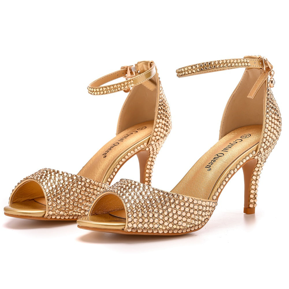 Rhinestone Shallow Peep Toe Ankle Strap High Heel Sandals