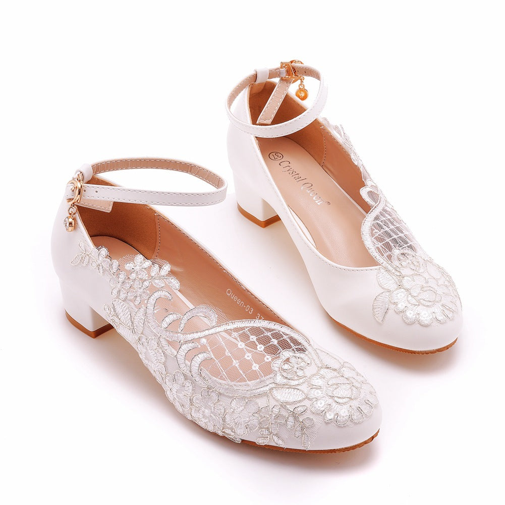 Round Toe Lace Ankle Strap Chunky Heel Wedding Shoes