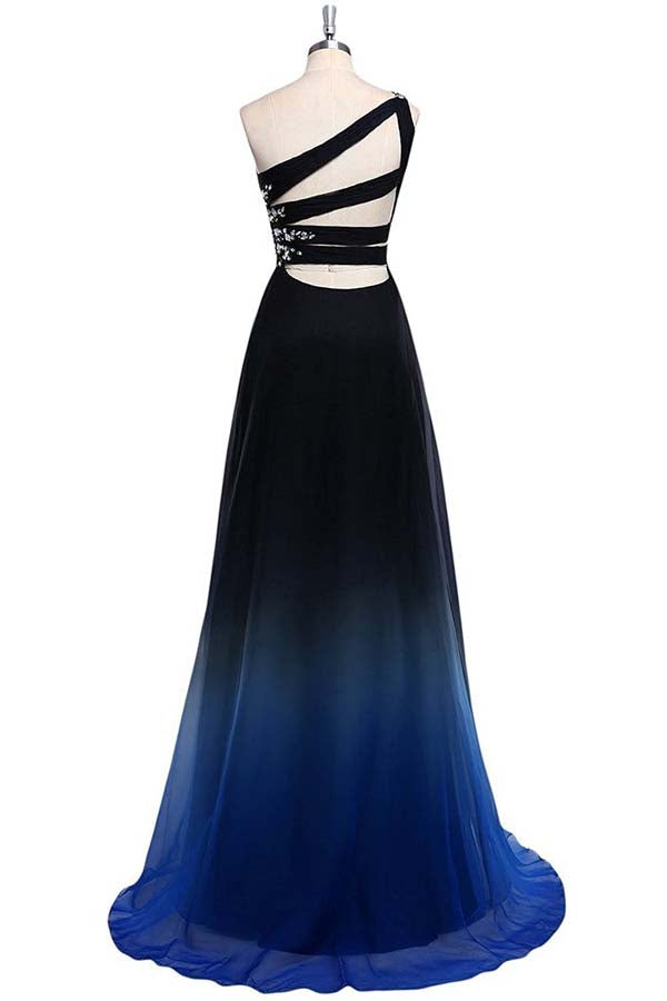 Ombre A Line Sweep Train One Shoulder Sleeveless Open Back Beading Prom Dress,Formal Dress O08 - Simibridaldresses