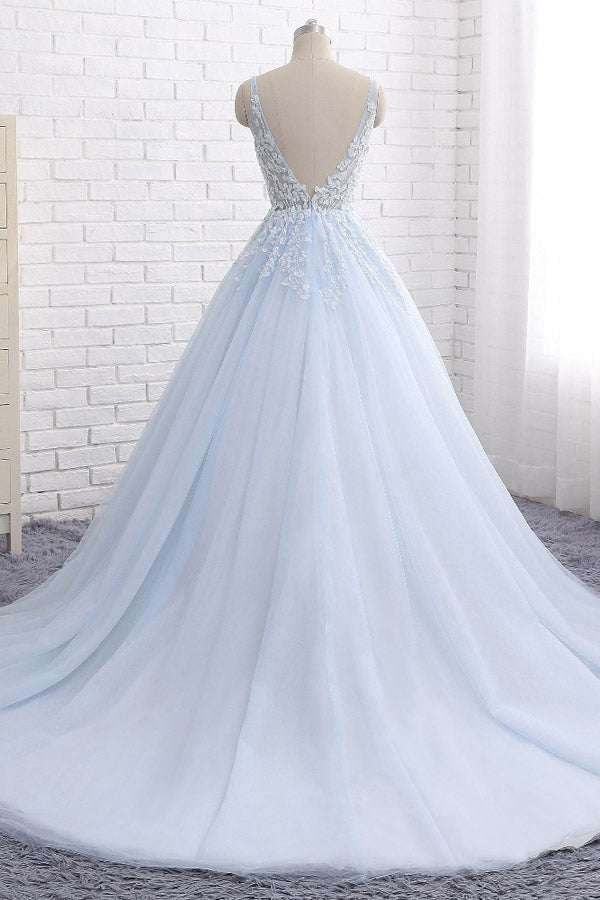 Ball Gown Chapel Train V Neck Sleeveless Backless Appliques Prom Dress,Party Dress P484 - Simibridaldresses