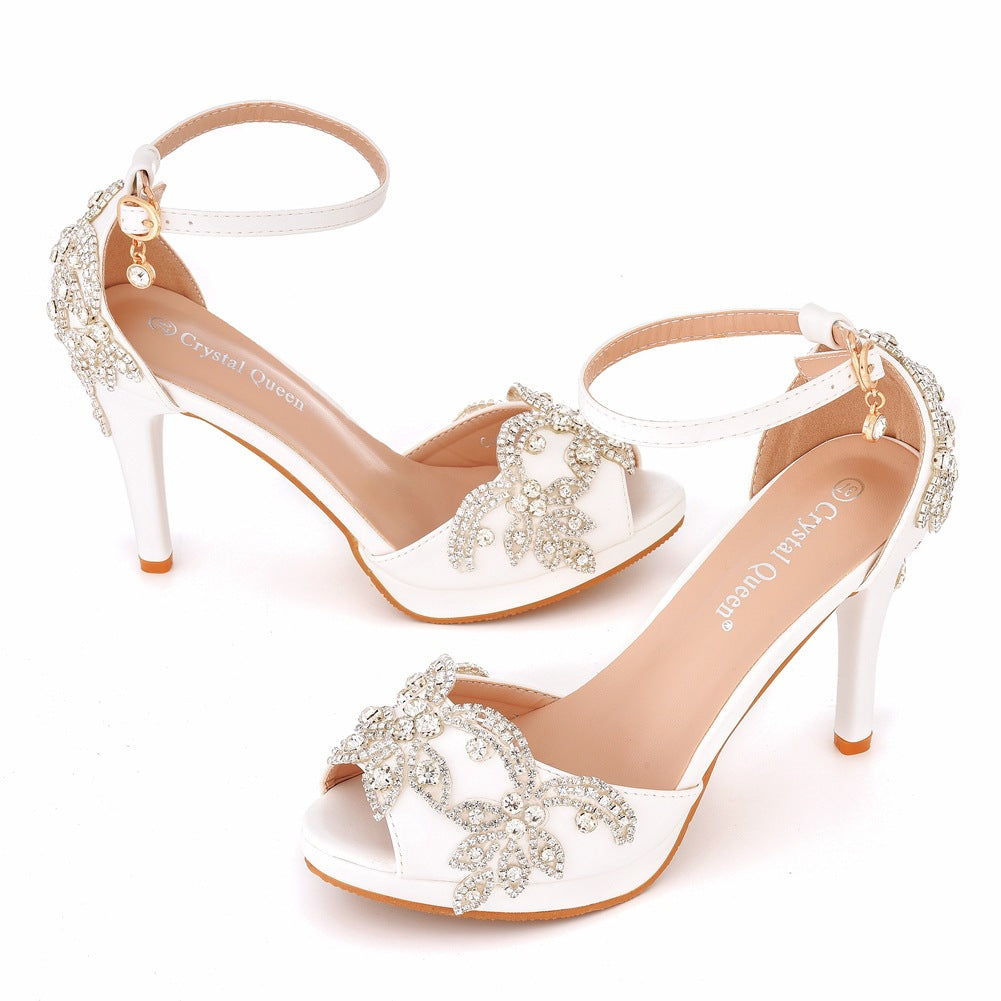 Peep Toe Rhinestone Flower Decor Platform Ankle-Strap High Heels