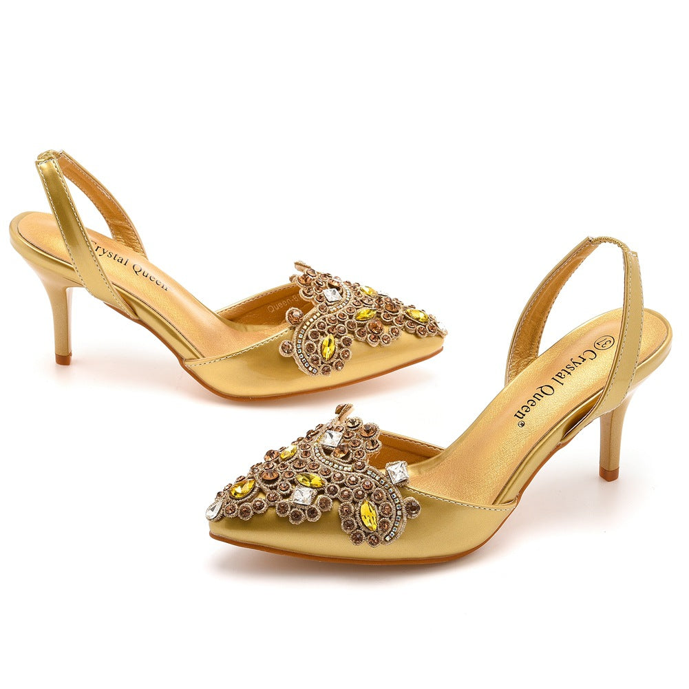 Pointed Toe Classic Rhinestone Flower Slingback High Heels