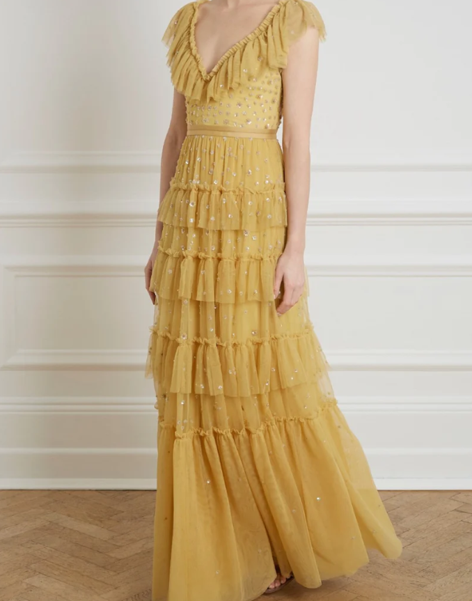 Unique Ruffles V-Neck Floor Length Tulle Yellow Prom Dresses N2245