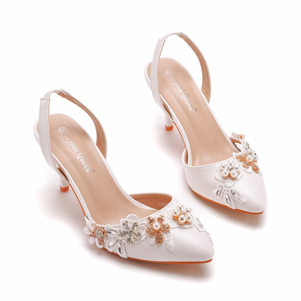 Pointed Toe Pearl Lace Appliques Decor Slingback High Heels