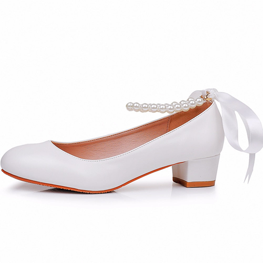 Round Toe Low Chunky Heels Beaded Wedding Shoes