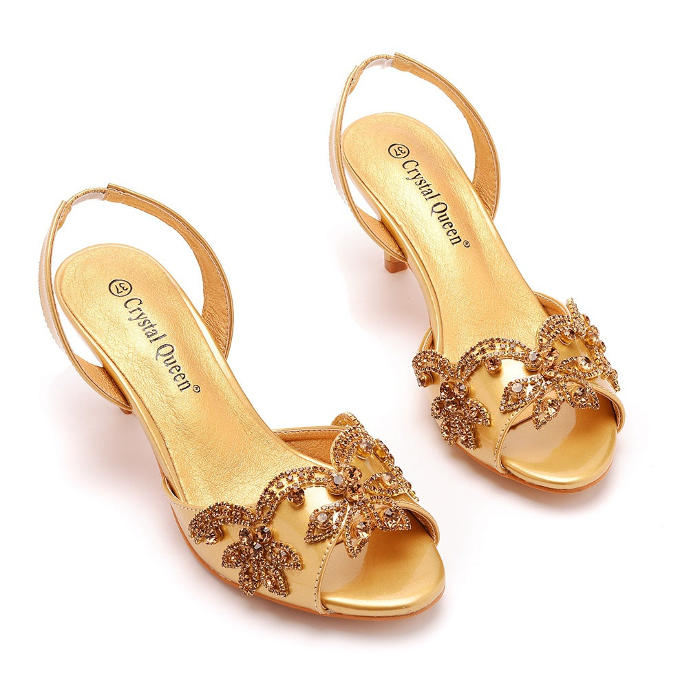 Peep Toe Gold Rhinestone Slingback Pumps