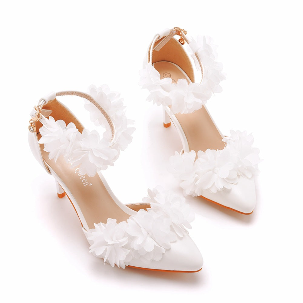 White Flowers Pointed Toe Ankle Strap High Heels