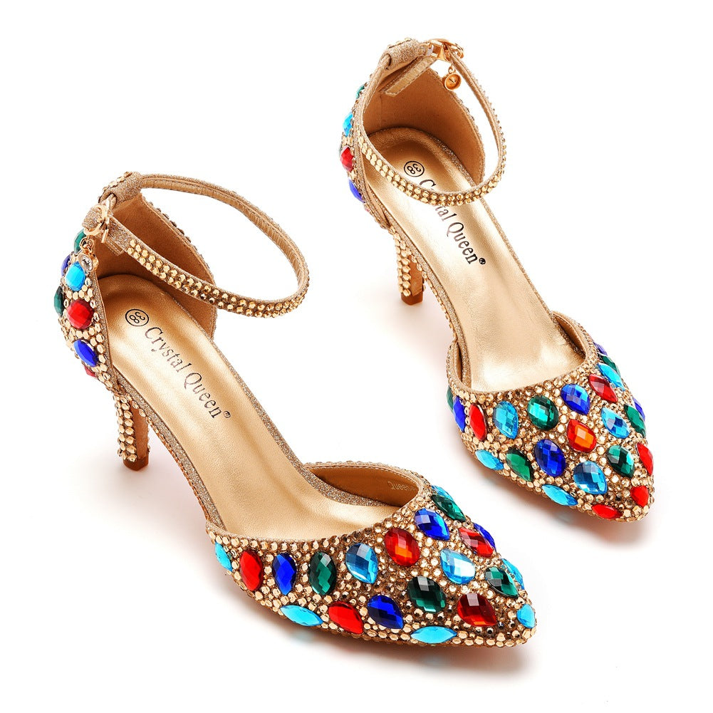 Pointed Toe Colorful Rhinestone Decor Ankle-Strap High Heels