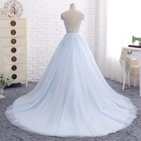 Ball Gown Chapel Train V Neck Sleeveless Backless Appliques Prom Dress,Party Dress P484 - Simibridaldresses