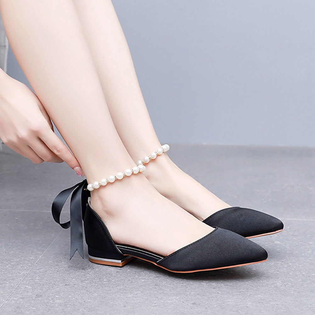 Elegant Pearl Ribbon Tie Satin Flat Heel Pointed Toe Bridal Shoes