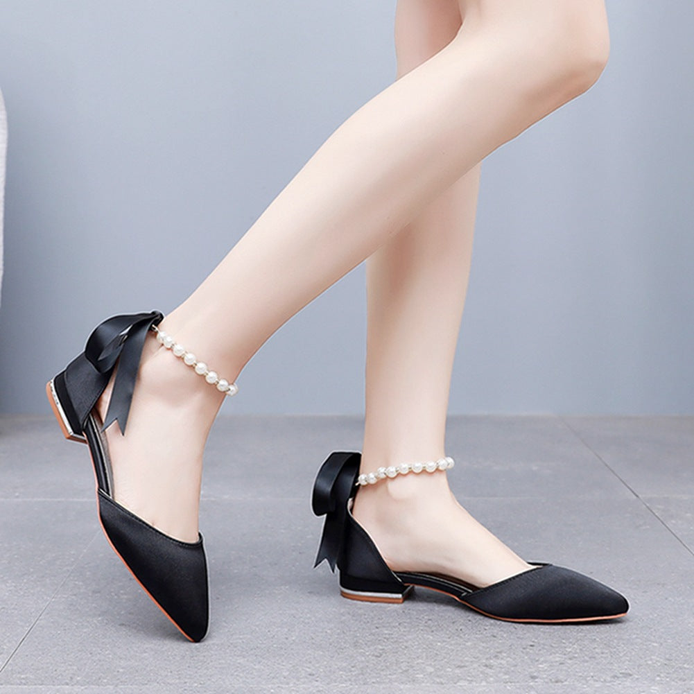 Elegant Pearl Ribbon Tie Satin Flat Heel Pointed Toe Bridal Shoes