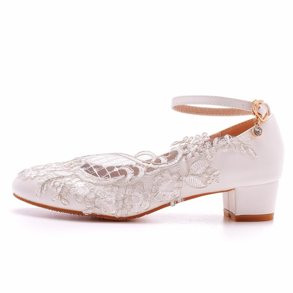 Round Toe Lace Ankle Strap Chunky Heel Wedding Shoes