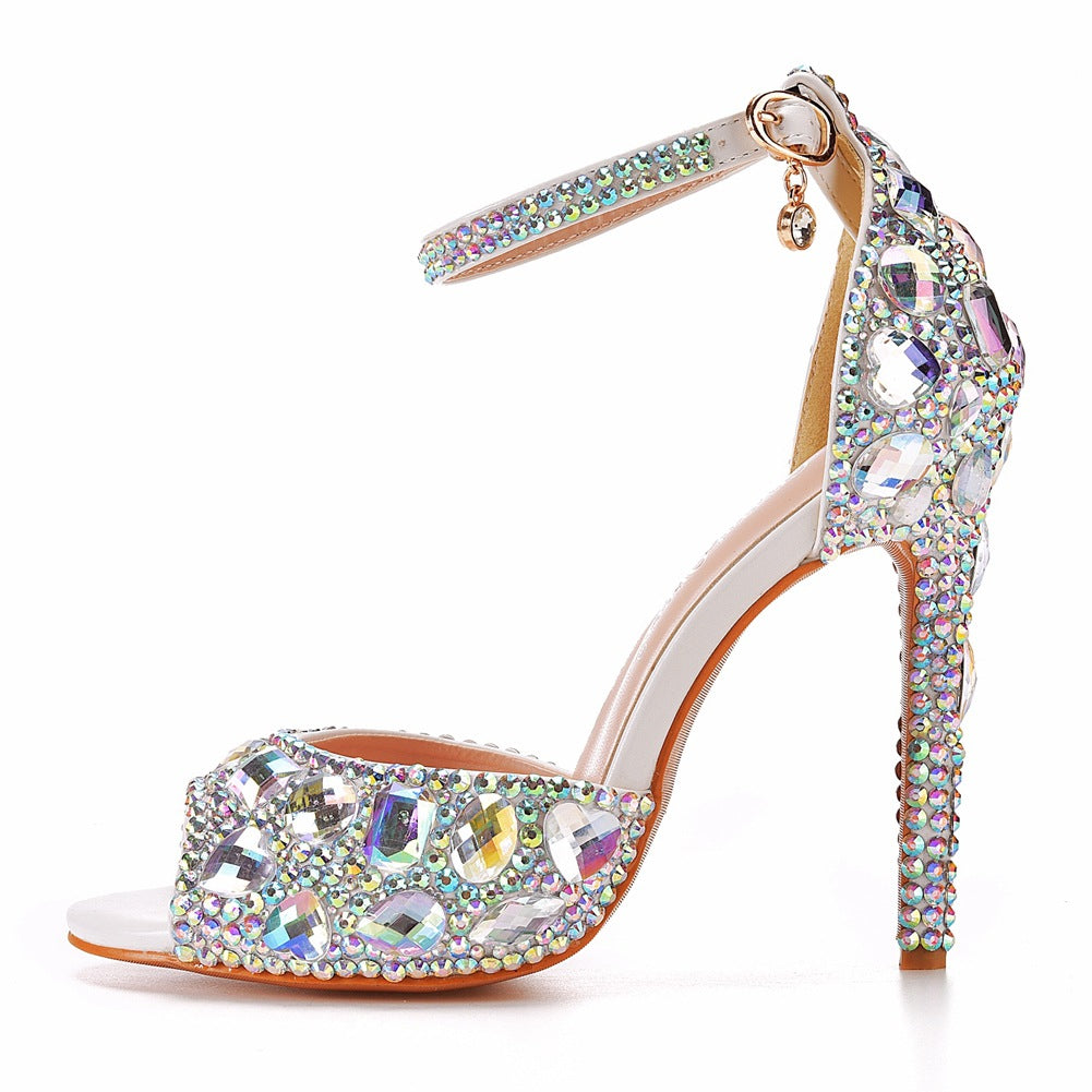 Peep Toe Big Colored Rhinestones Ankle Strap Stiletto Heels