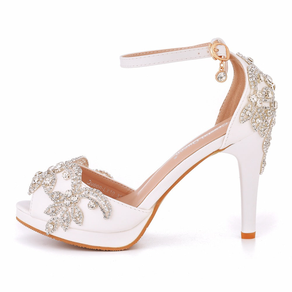 Peep Toe Rhinestone Flower Decor Platform Ankle-Strap High Heels