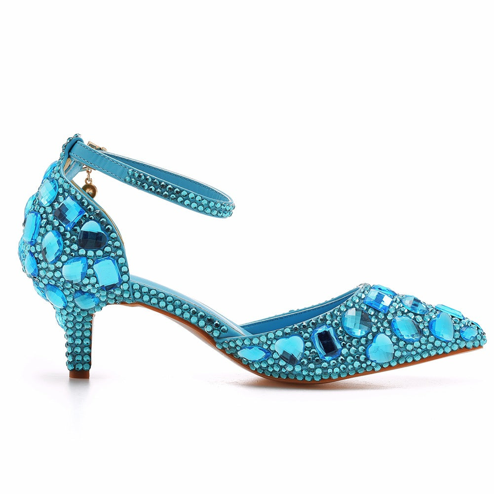 Pointed Toe Crystal Diamond Ankle Strap High Heel