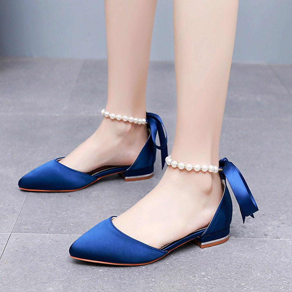 Elegant Pearl Ribbon Tie Satin Flat Heel Pointed Toe Bridal Shoes