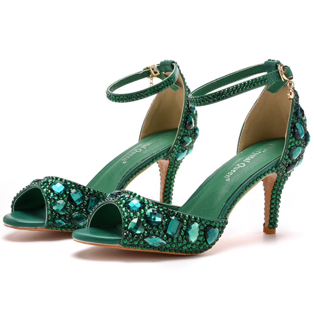 Peep Toe Rhinestone Decor Ankle-Strap High Heels