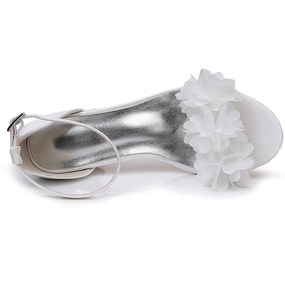 White Floral Satin Open Toe Low Chunky Heels