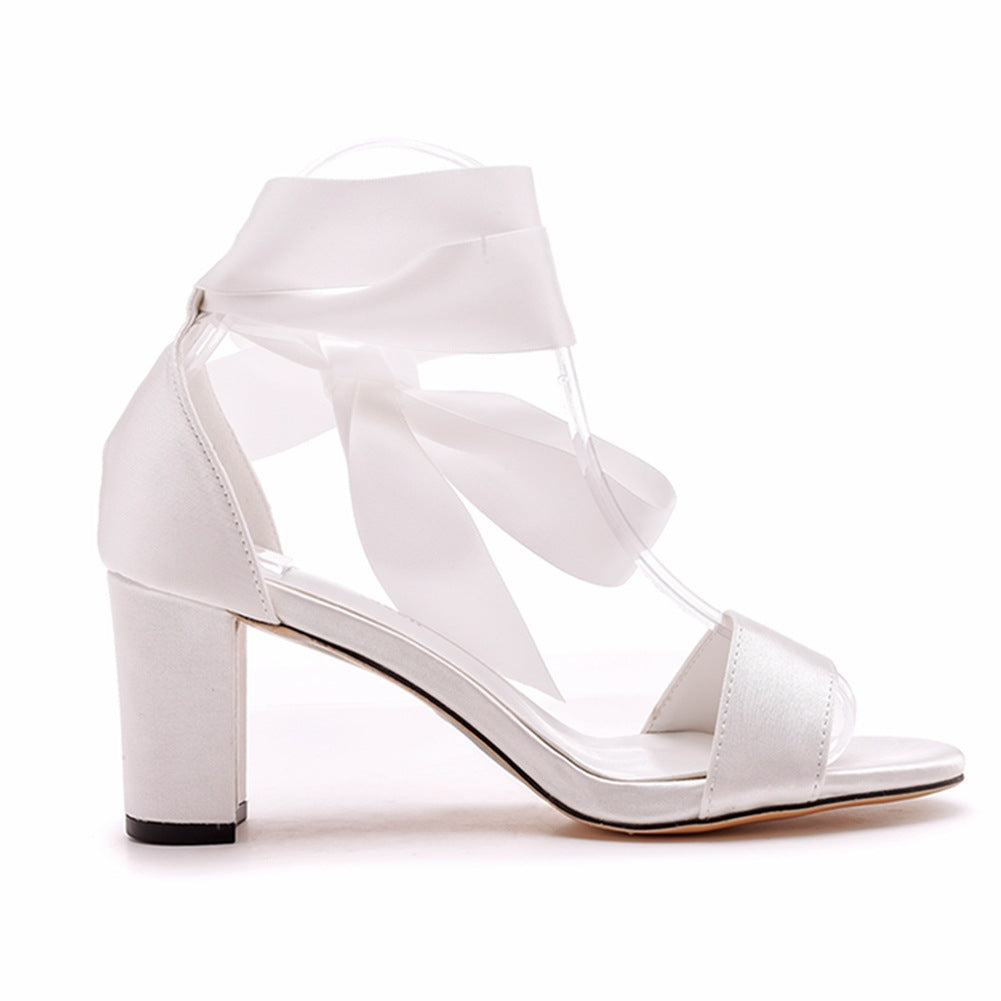 Ivory Satin Tied Open Toe Ankle Strap Chunky Heel Sandals