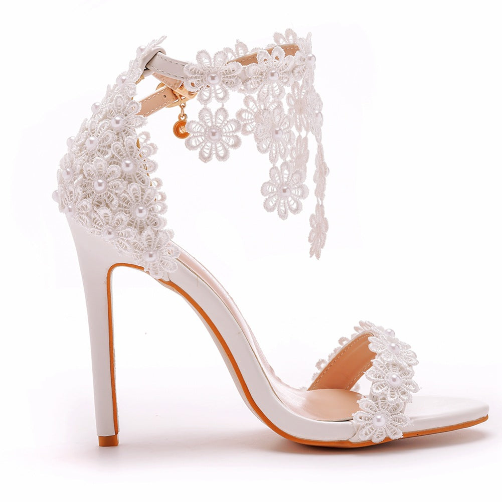 Open Toe White Lace Flowers Tassels Ankle-Strap Ultra High Heels