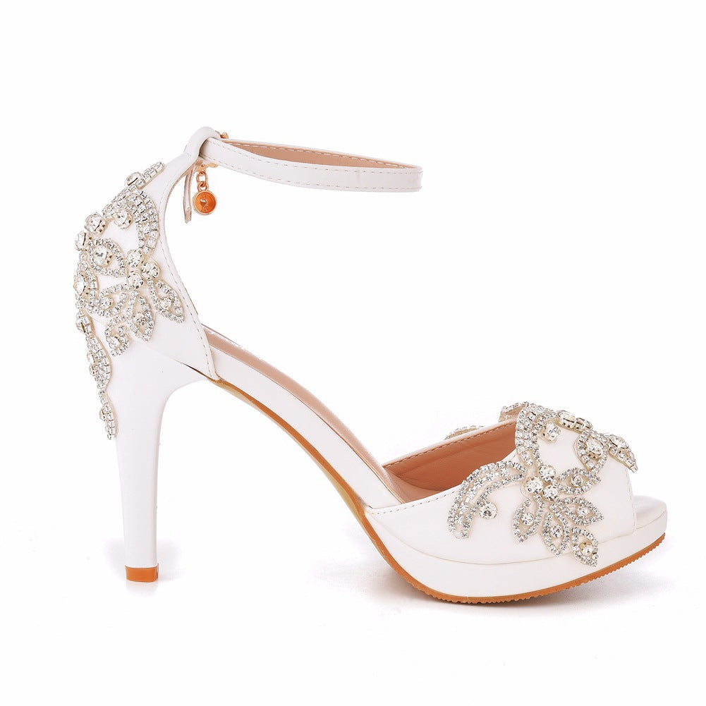 Peep Toe Rhinestone Flower Decor Platform Ankle-Strap High Heels