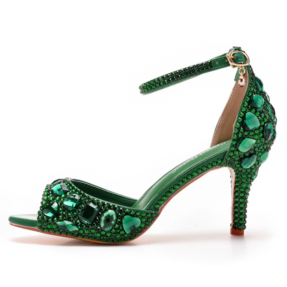 Peep Toe Rhinestone Decor Ankle-Strap High Heels