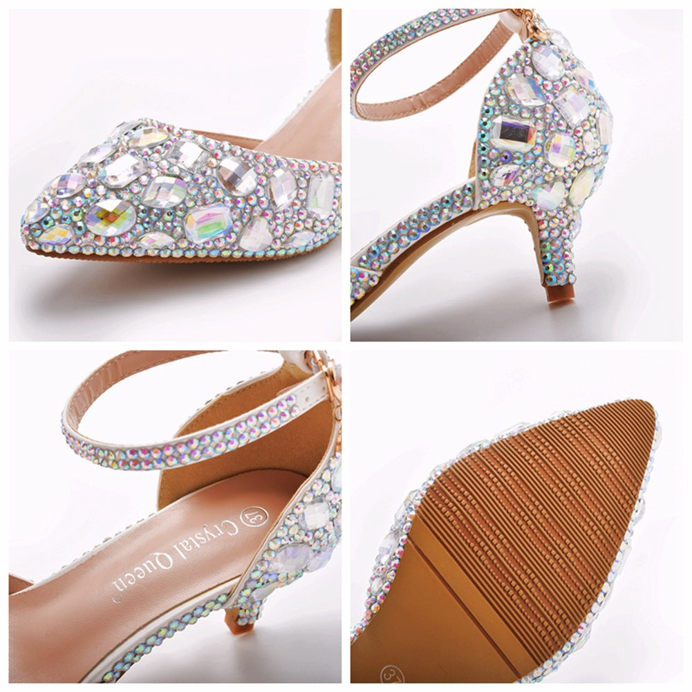 Pointed Toe Crystal Diamond Ankle Strap High Heel