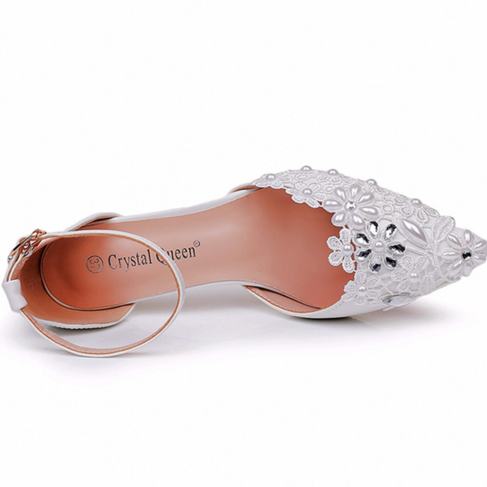 White Lace And Rhinestone Pointed Toe Wedding Shoes