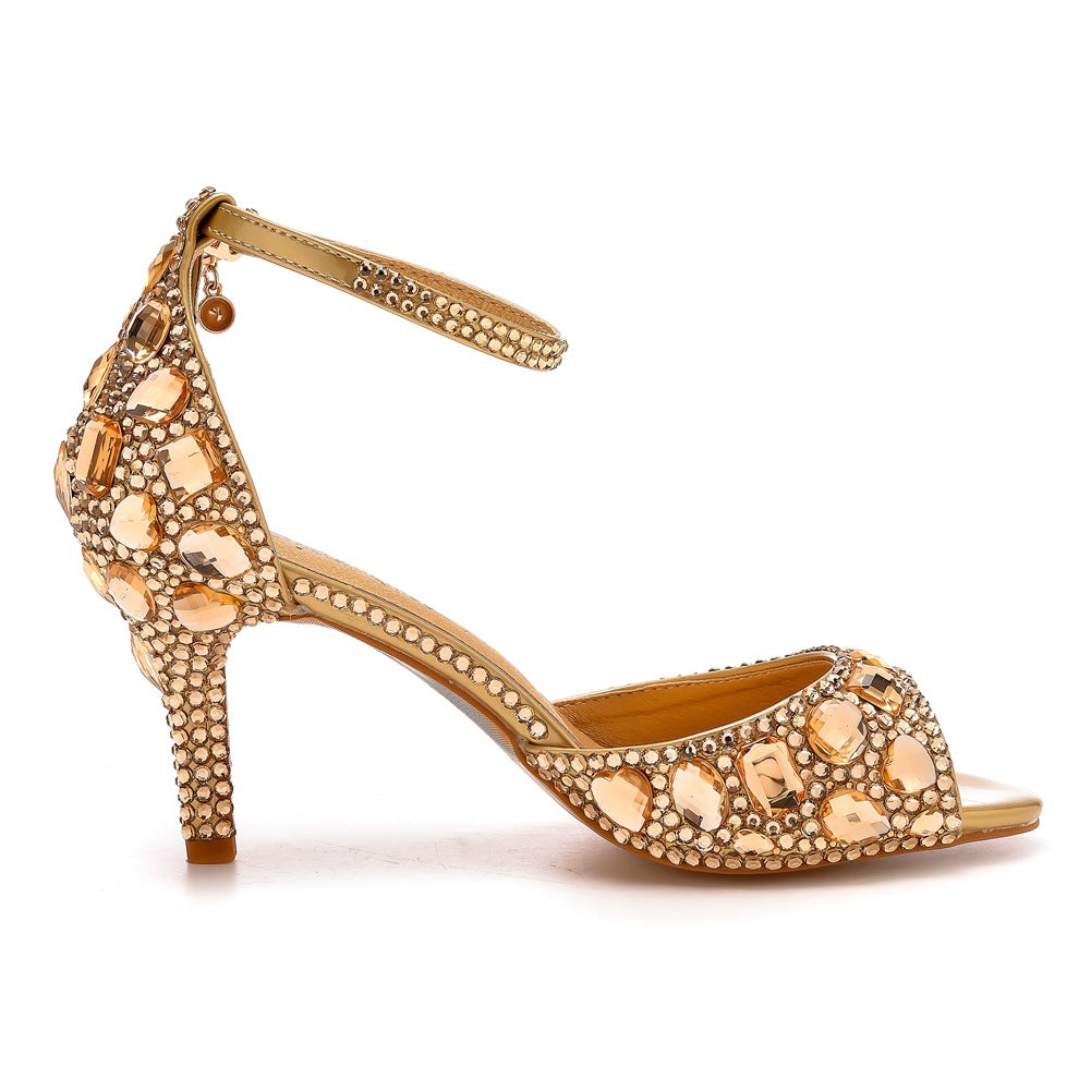 Peep Toe Rhinestone Decor Ankle-Strap High Heels