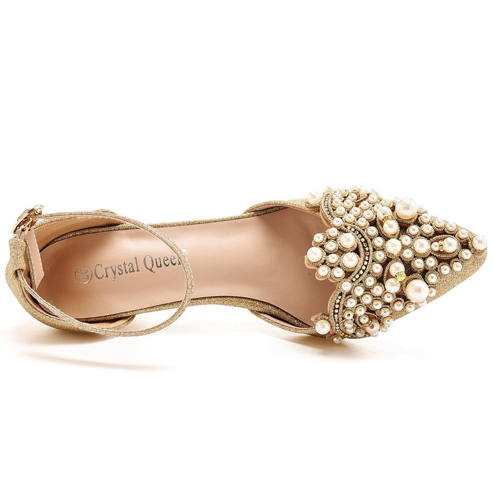 Pointed Toe Pearl Gold Glitter Ankle Strap High Heel