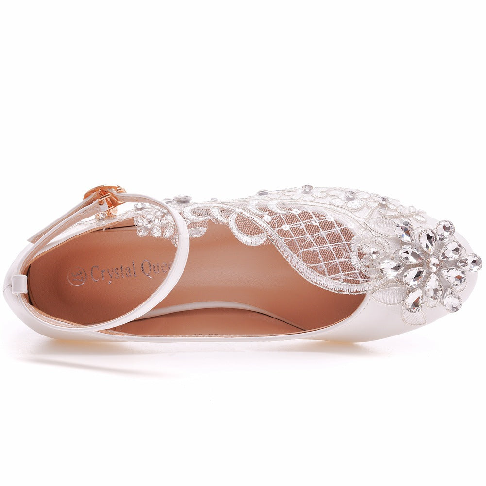 Round Toe Lace Rhinestones Ankle Strap Chunky Heel Wedding Shoes