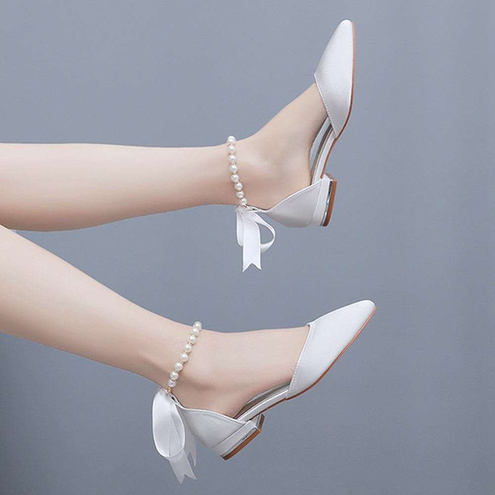 Elegant Pearl Ribbon Tie Satin Flat Heel Pointed Toe Bridal Shoes