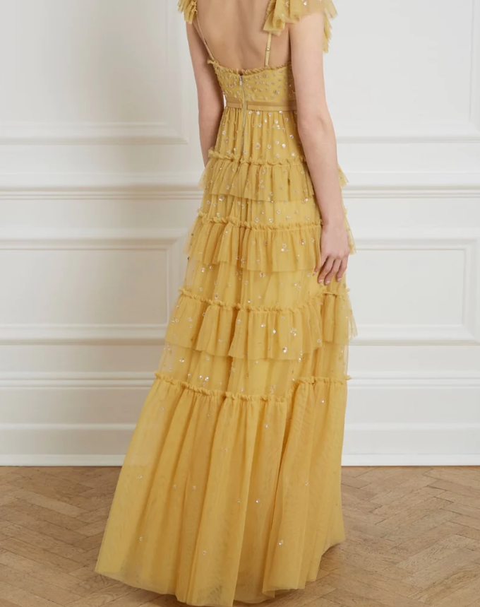 Unique Ruffles V-Neck Floor Length Tulle Yellow Prom Dresses N2245