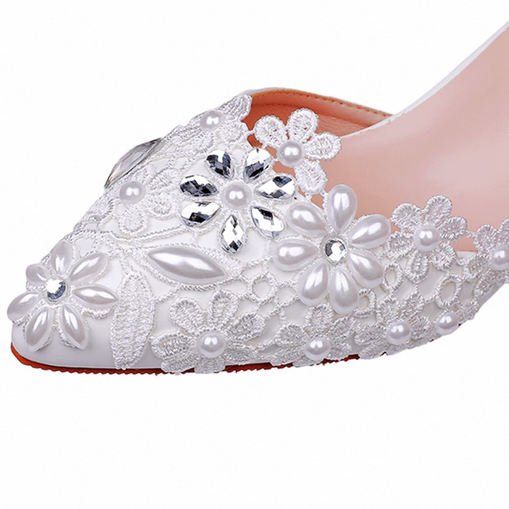 White Lace And Rhinestone Pointed Toe Wedding Shoes