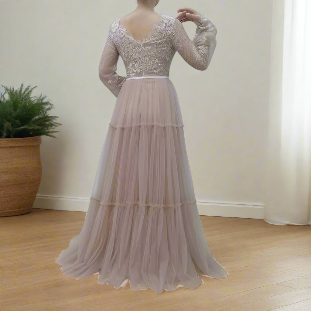 Flowy V-neck Tulle Long Sleeves A Line Wedding Dress