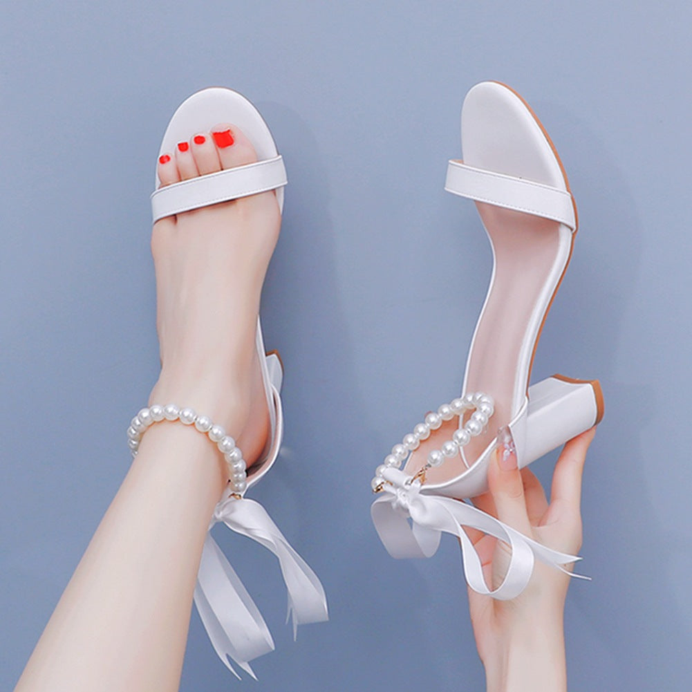 Fish Mouth One Strap Thick Heels Wedding Shoes with Pearls and Ribbons